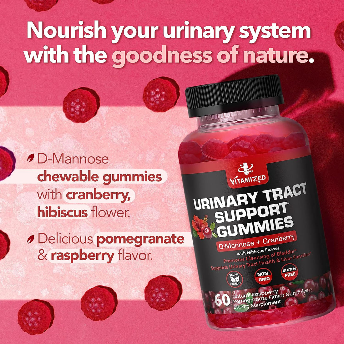 Powerful Cranberry Gummies  with D-Mannose - Urinary Tract Health - Fast-Acting Bladder Support Supplement - 60 Count