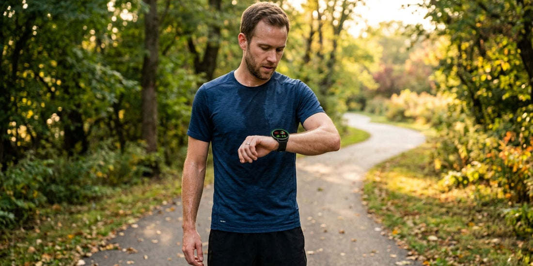 A man in a dark blue athletic t-shirt and black shorts checks the time on a black smartwatch while walking on a paved path in a wooded park area.