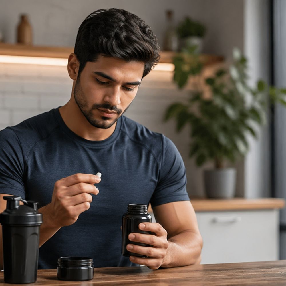 A man in a navy blue t-shirt is shown in a kitchen setting, holding a black shaker bottle and pouring a white tablet into it. Another black shaker bottle and an open jar are on the wooden table in the foreground.
