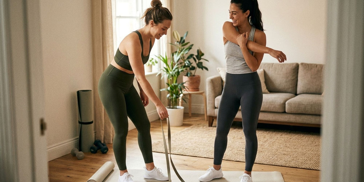 Two women in activewear stretching and exercising indoors in a bright living room. One wears an olive green sports bra and leggings while the other wears a light gray tank top and dark gray leggings, both on white exercise mats.