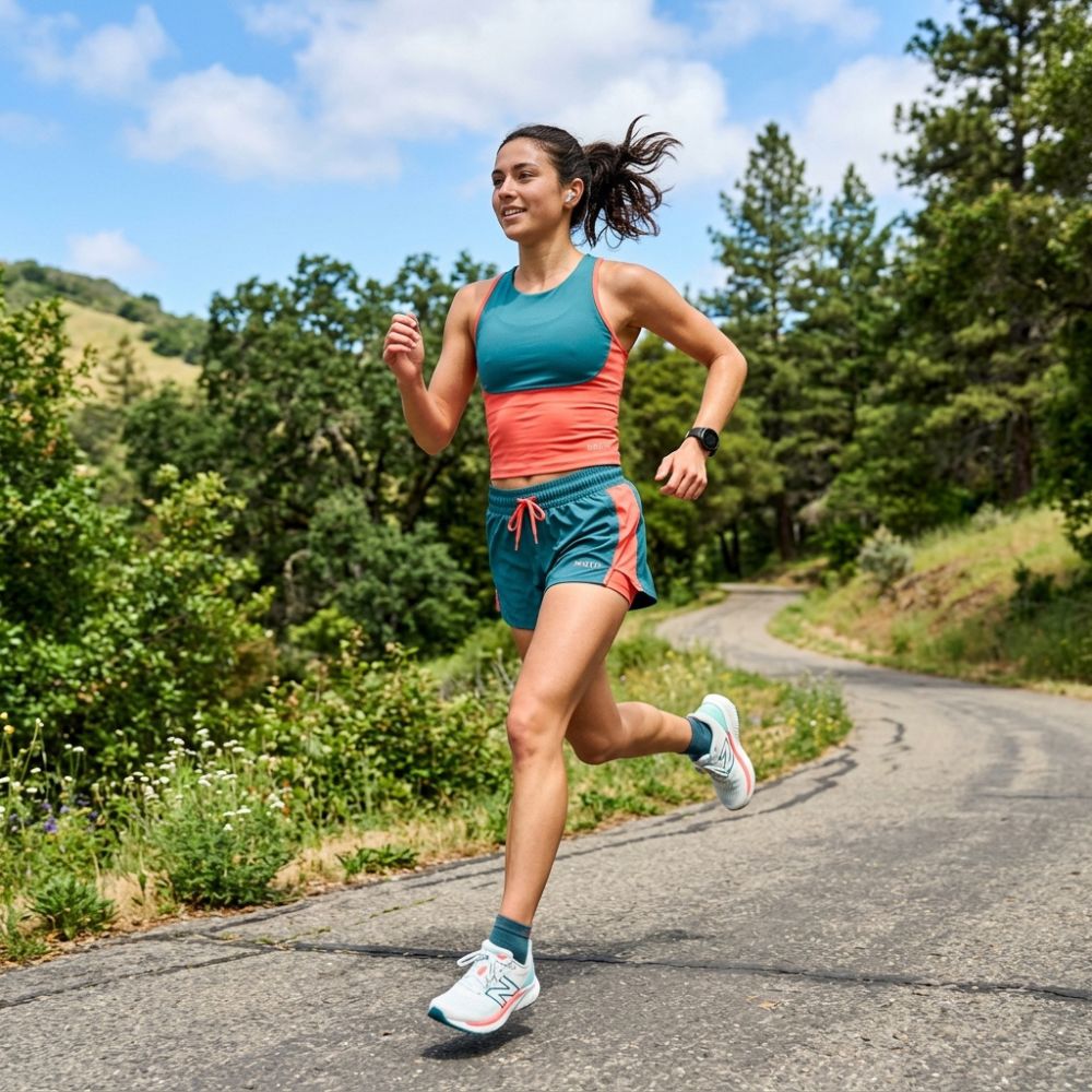 A woman running on a paved road surrounded by green trees and hills under a blue sky, wearing a teal and coral athletic tank top, teal shorts with coral side panels, and white running shoes.